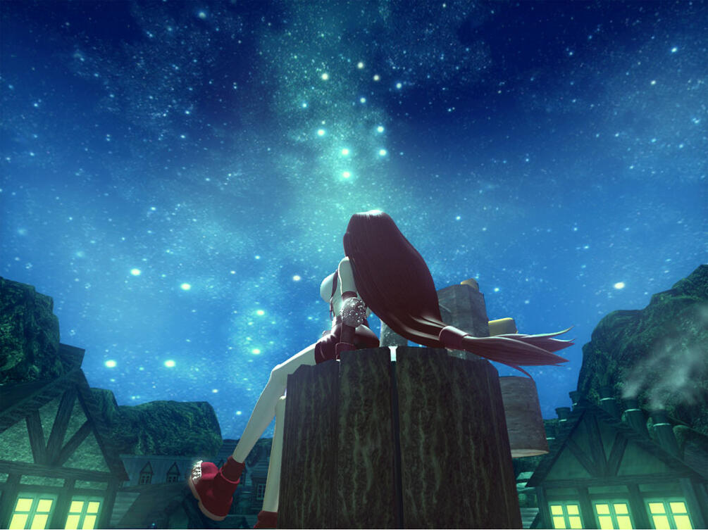 Final Fantasy VII promo picture of Aerith facing the Highwind airship. her back is turned to the camera, and the airship appears on the background.