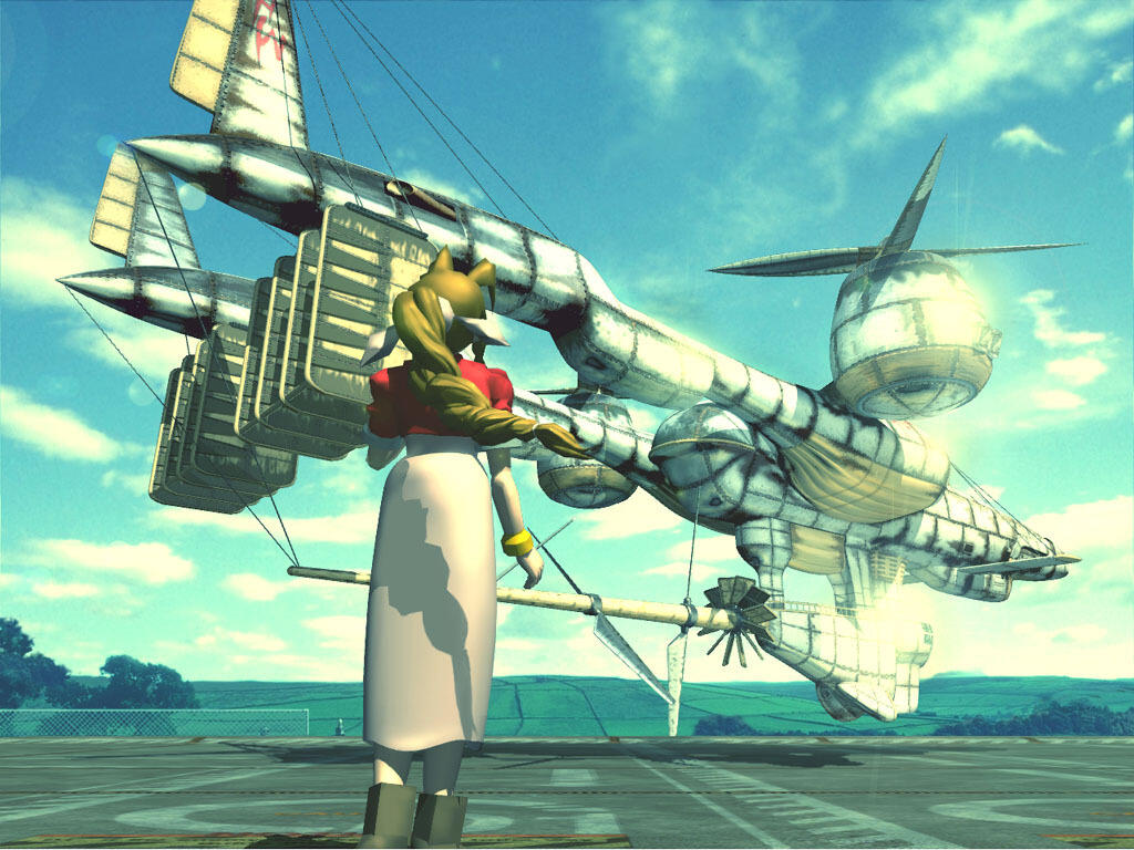 Final Fantasy VII promo picture of Aerith facing the Highwind airship. her back is turned to the camera, and the airship appears on the background.
